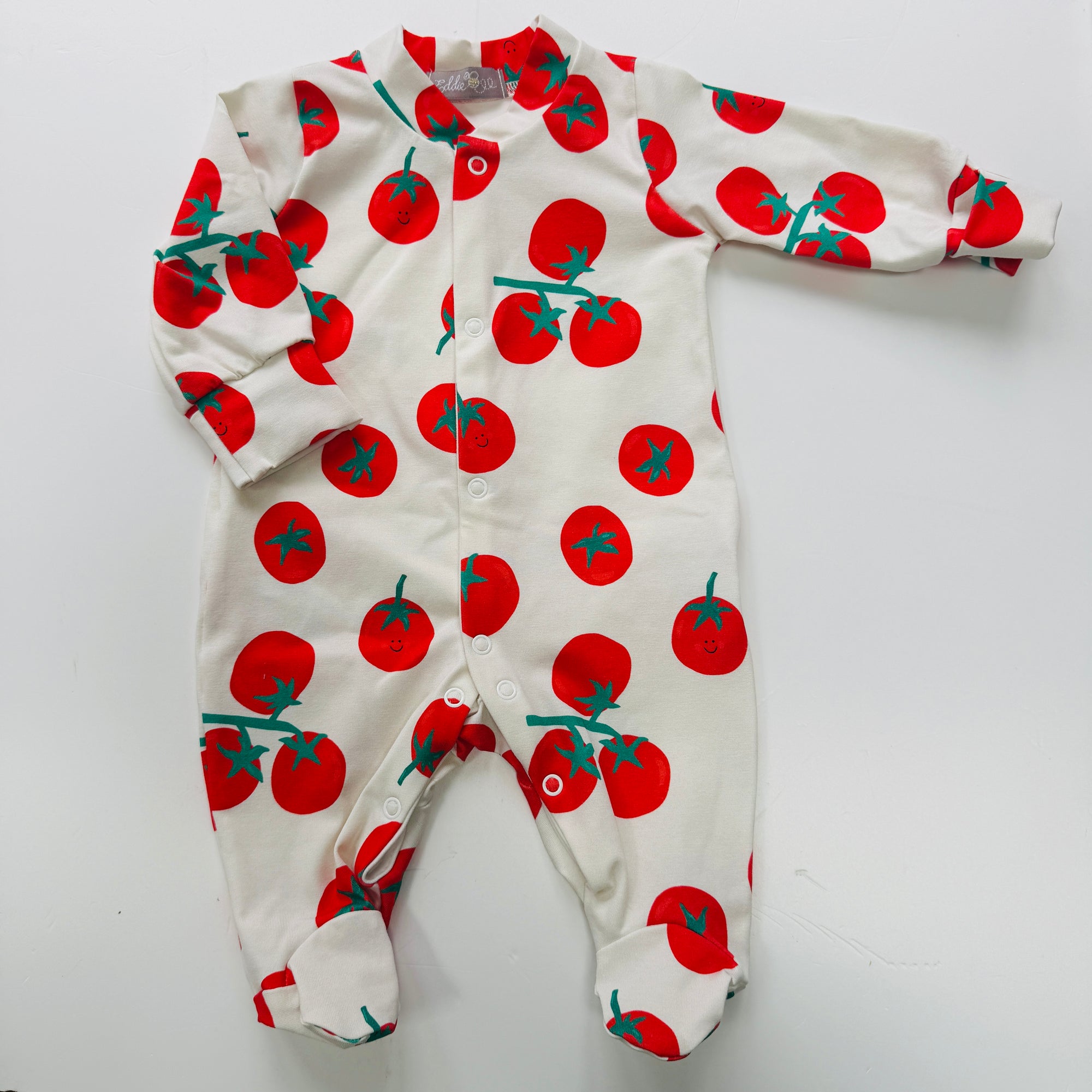 Limited Edition- Eddie & Bee organic cotton sleepsuit Cream "Cherry Tomatoes" print.
