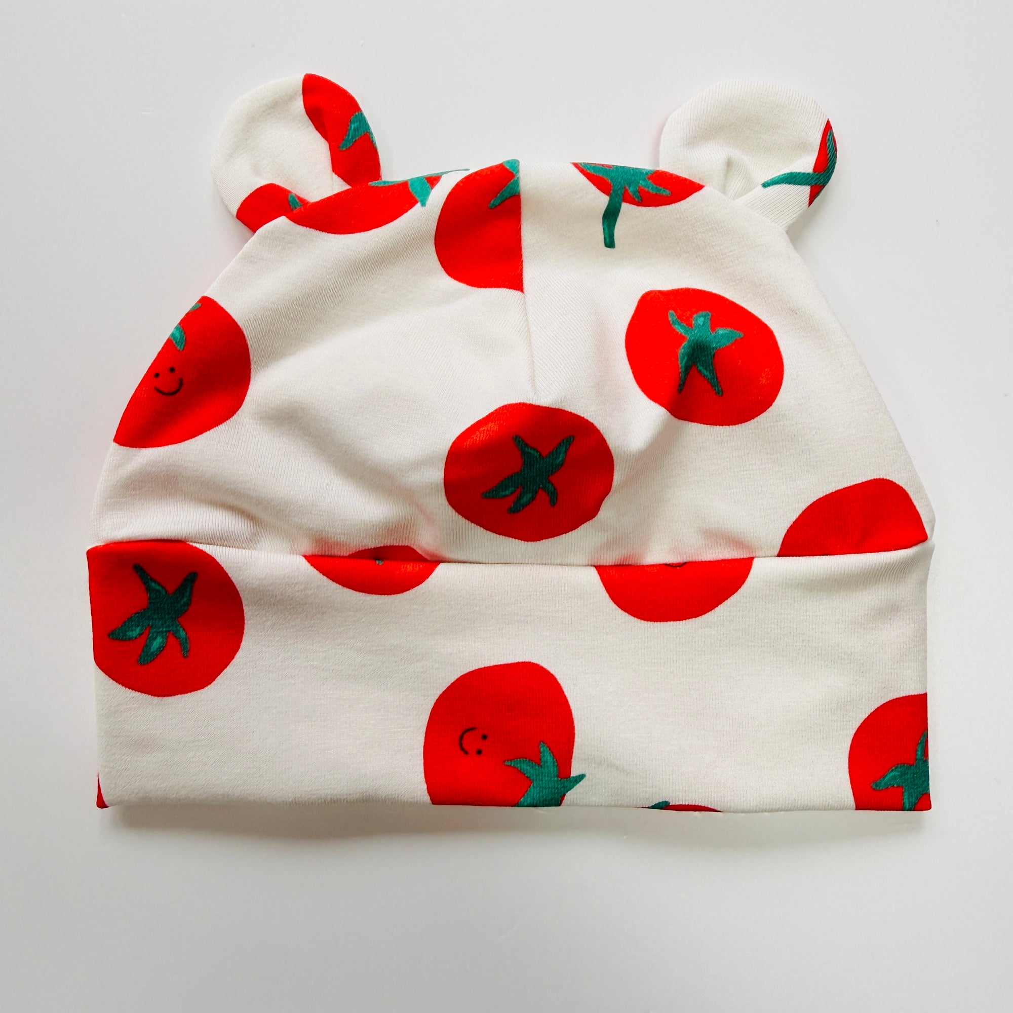 Limited Edition-Eddie & Bee organic cotton Baby hat  in Cream "Cherry Tomatoes " print.