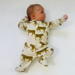 Eddie & Bee organic cotton Baby sleepsuit  in Oat " Cheetah " print.