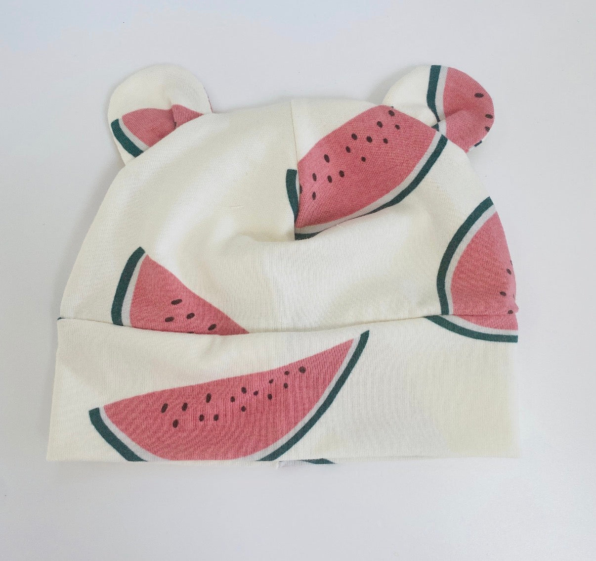 PREORDER FOR DISPATCH BEGINNING MARCH                 Eddie & Bee organic cotton Baby hat  in Cream "Watermelon " print.