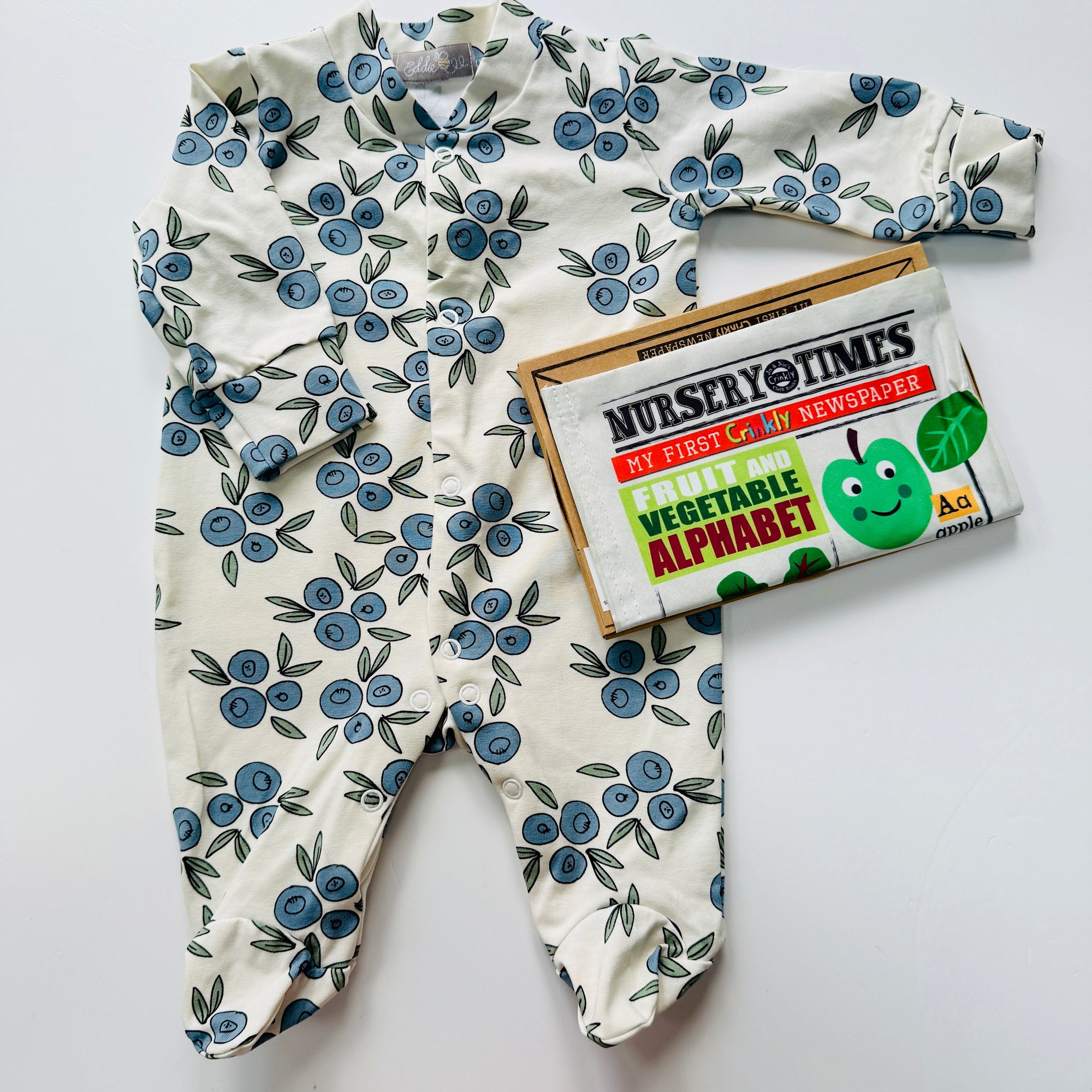 Blueberry Sleep suit and Fruit and Veg Crinkly Newspaper Gift Set