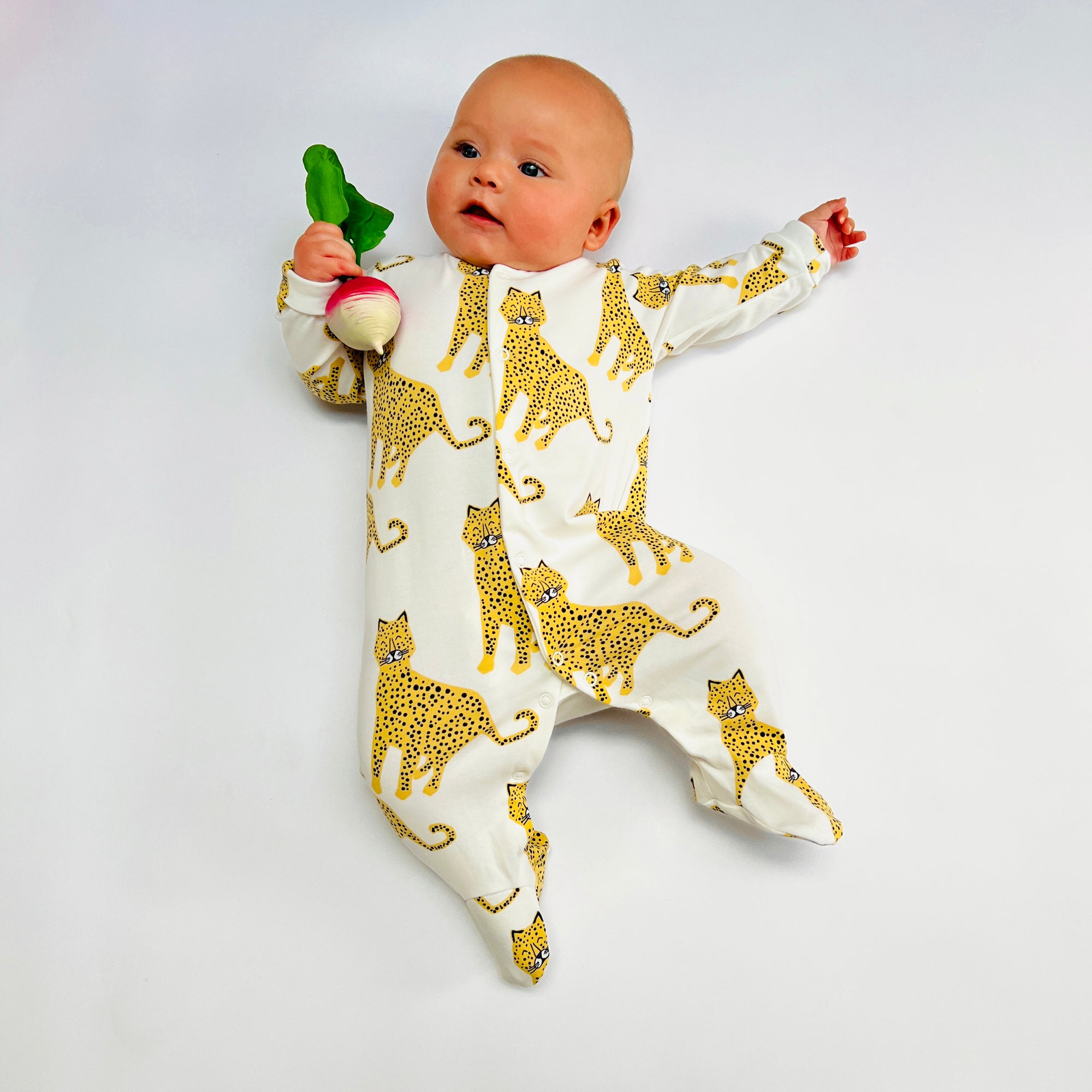 Eddie & Bee organic cotton Baby sleep suit  in Cream " Happy Leopards " print.