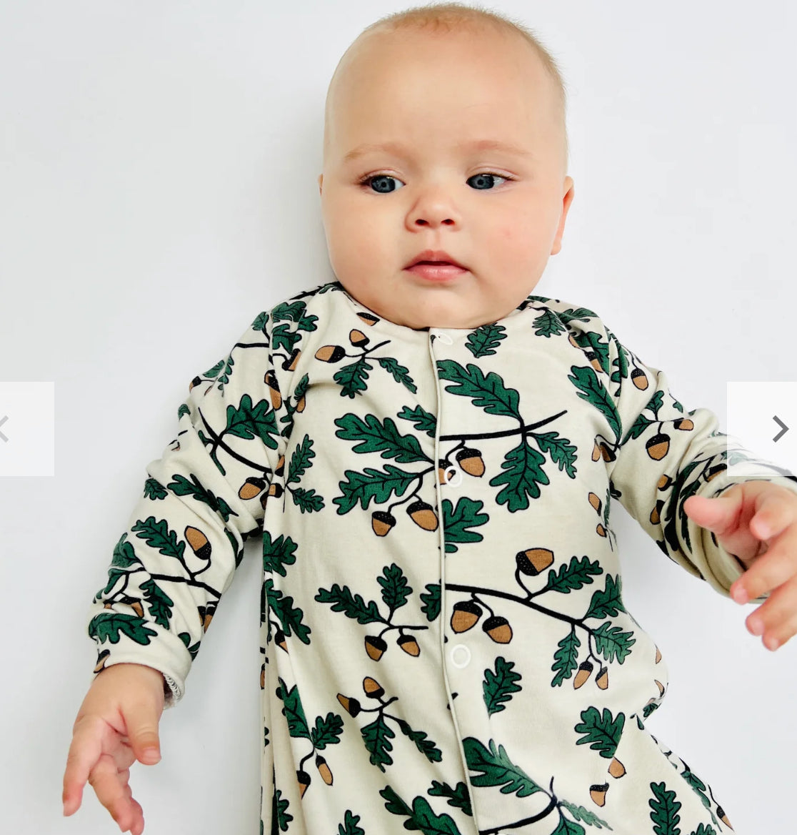 Seconds of Eddie & Bee organic cotton Baby sleep suit  in Cream "Acorn” print.