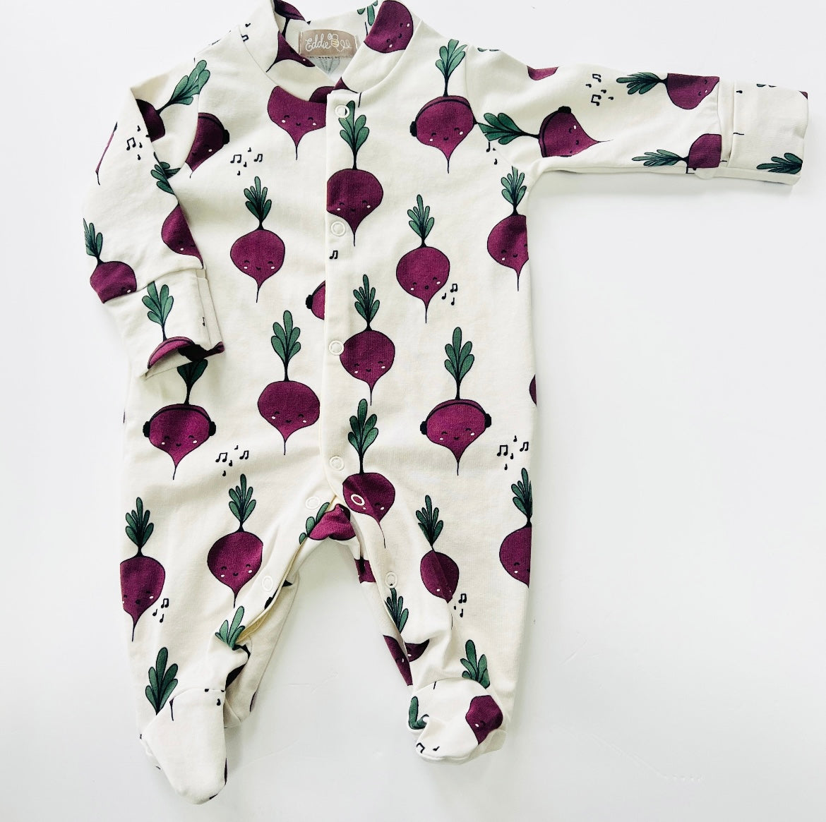 Seconds of Eddie & Bee organic cotton Baby sleep suit  in Oat "Beetroot" print.