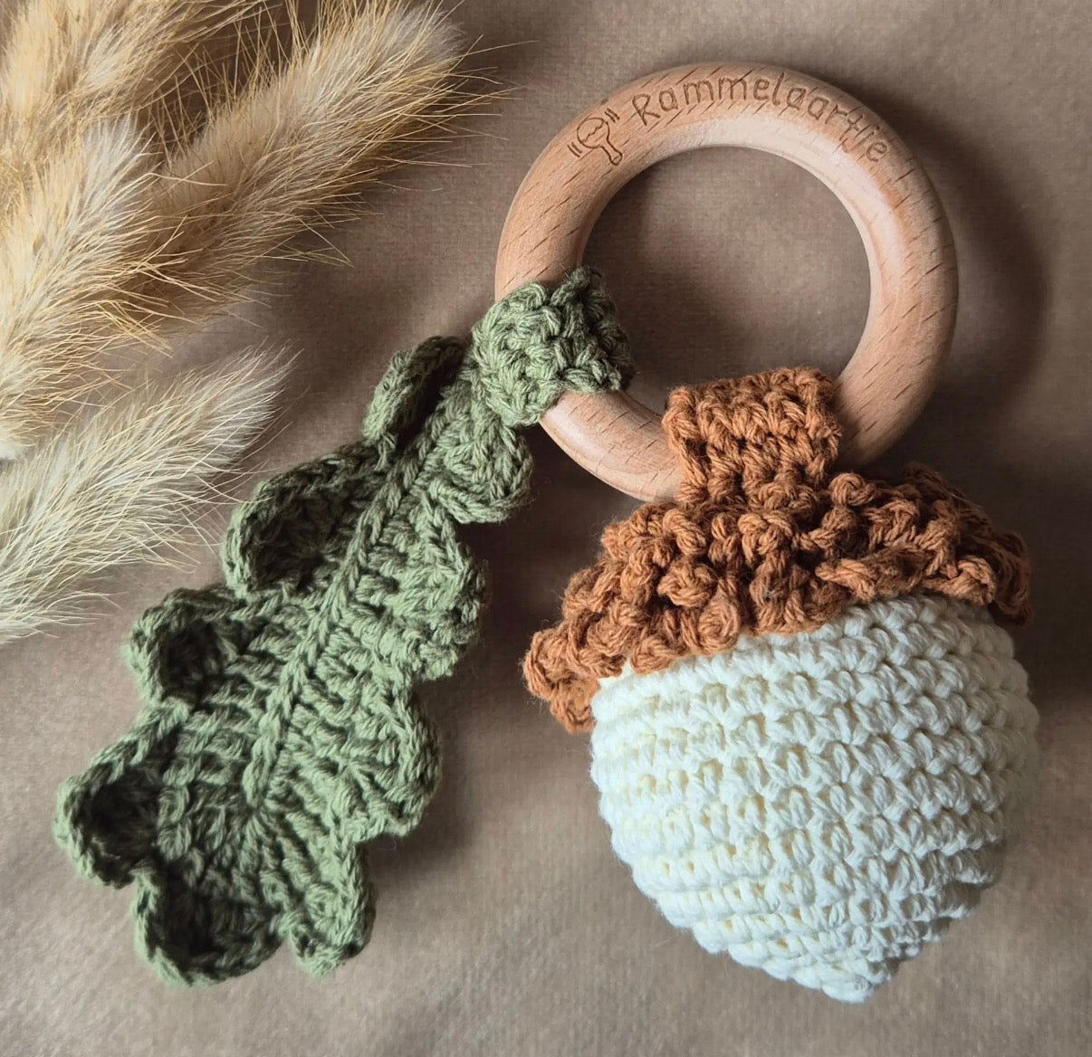 Handmade Crocheted Rattle with Beechwood Ring -Acorn