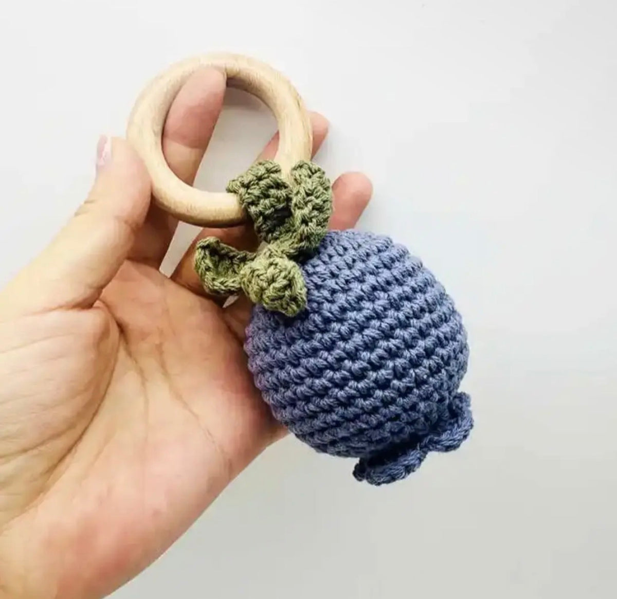 Handmade Crocheted Rattle with Beechwood Ring - Blueberry