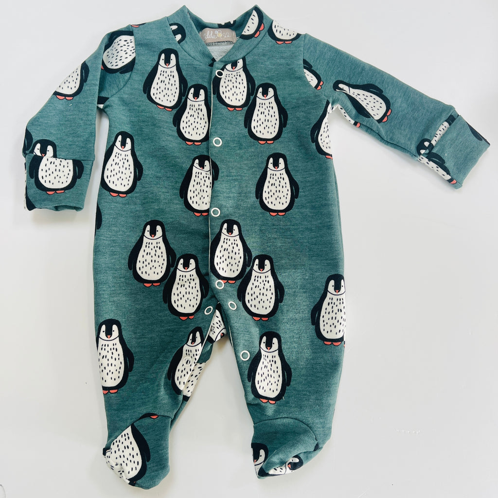 LIMITED EDITION Eddie & Bee organic cotton Baby sleep suit  in Teal “Penguins " print.