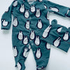 LIMITED EDITION Eddie & Bee organic cotton Baby sleep suit  in Teal blue “Penguins " print.