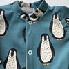 LIMITED EDITION Eddie & Bee organic cotton Baby sleep suit  in Teal blue “Penguins " print.