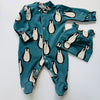 LIMITED EDITION Eddie & Bee organic cotton Baby sleep suit  in Teal blue “Penguins " print.
