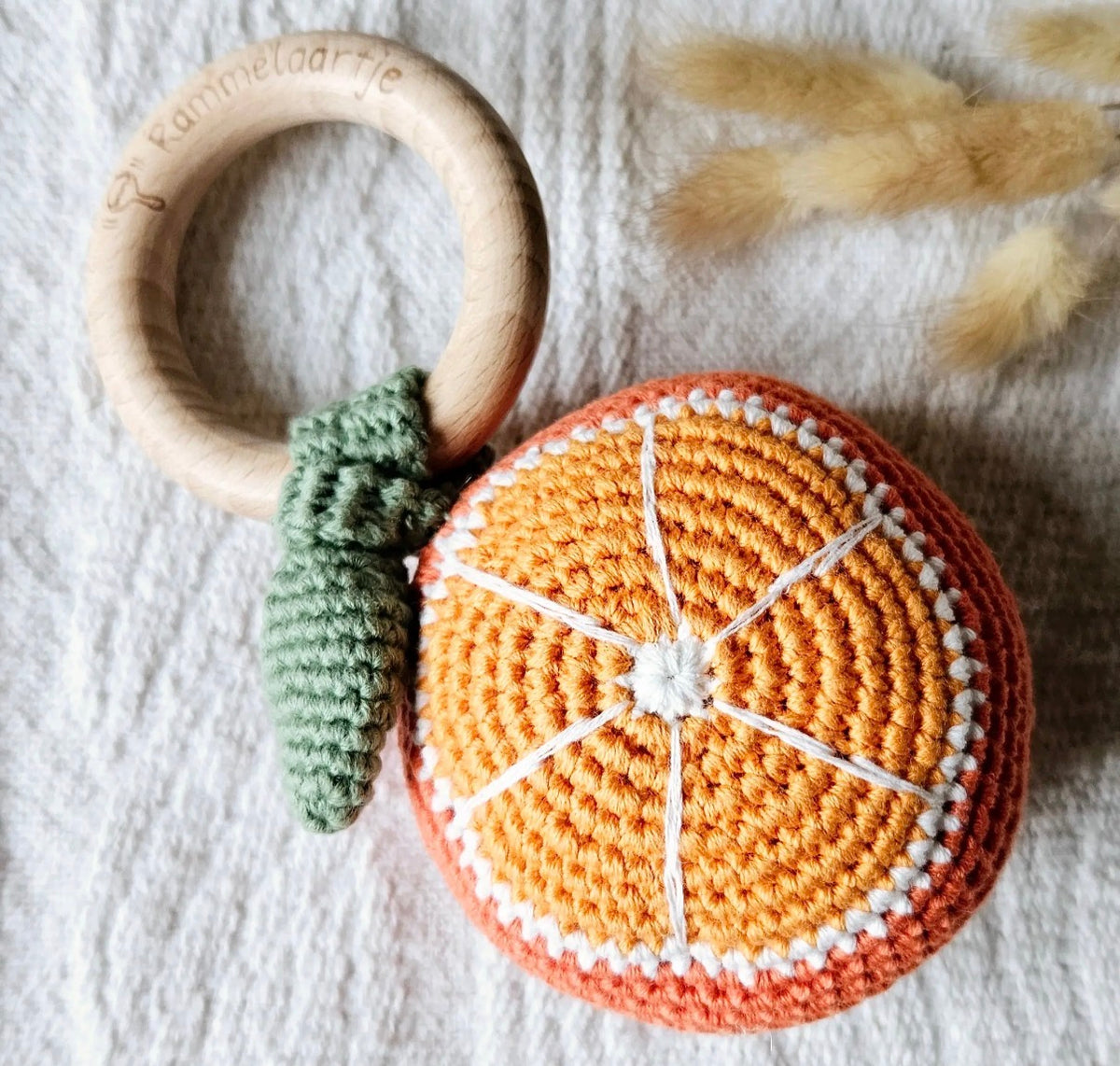 Handmade Crocheted Rattle with Beechwood Ring -Clementine