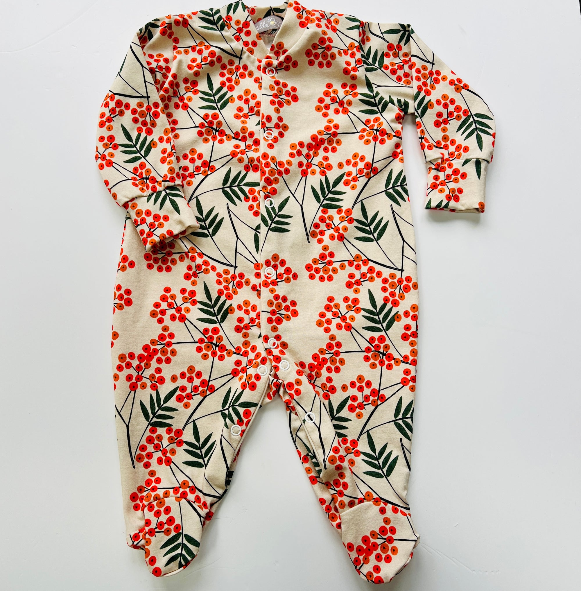 Eddie & Bee organic cotton Baby sleepsuit  in Butter cream  " Rowan Berry " print.