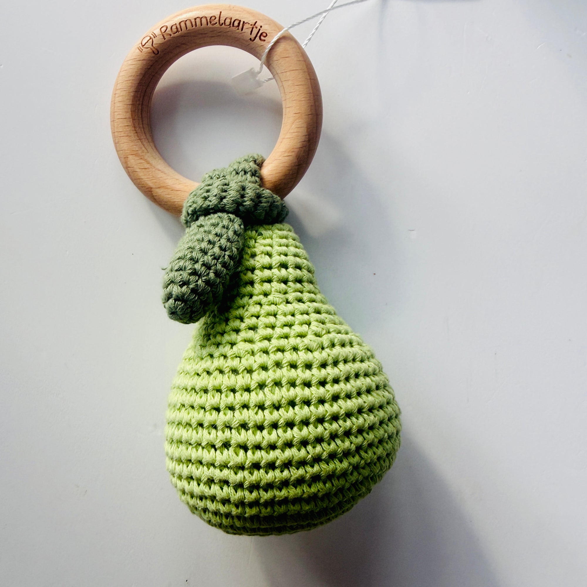 Handmade Crocheted Rattle with Beechwood Ring - Pear