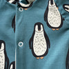 LIMITED EDITION Eddie & Bee organic cotton Baby sleep suit  in Teal blue “Penguins " print.