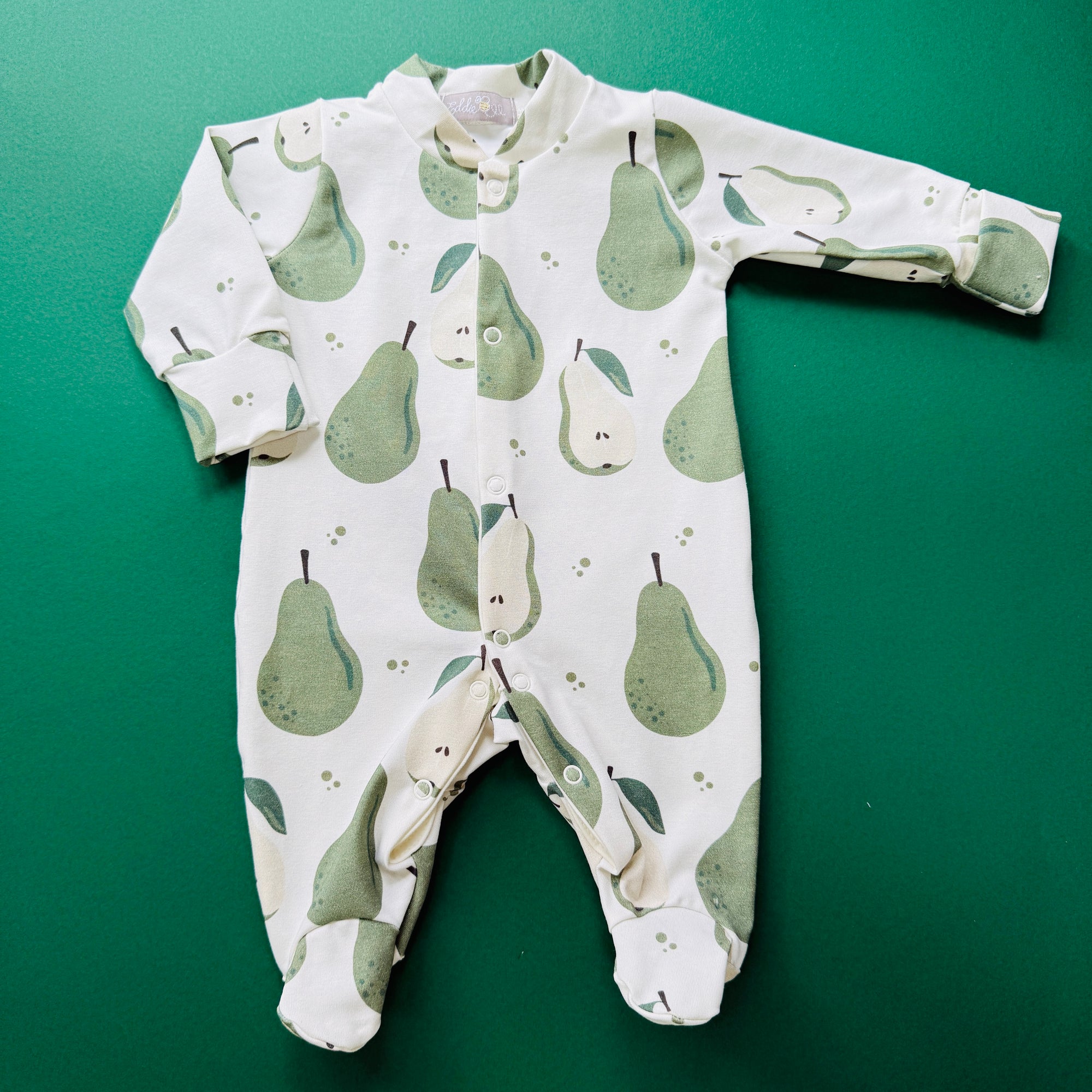 Eddie & Bee organic cotton Baby sleepsuit  in Cream "Pears " print.