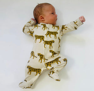 Seconds of Eddie & Bee organic cotton Baby sleep suit  in Oat " Cheetah" print.