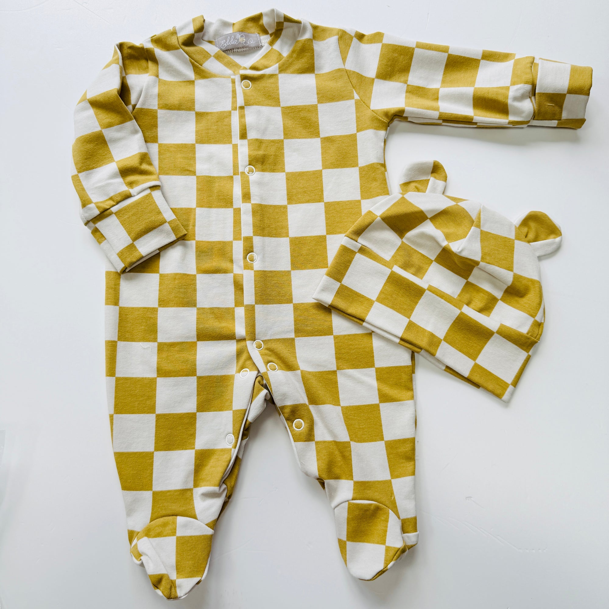 LIMITED EDITION Eddie & Bee organic cotton Baby sleepsuit  in Mustard " Checkers " print.