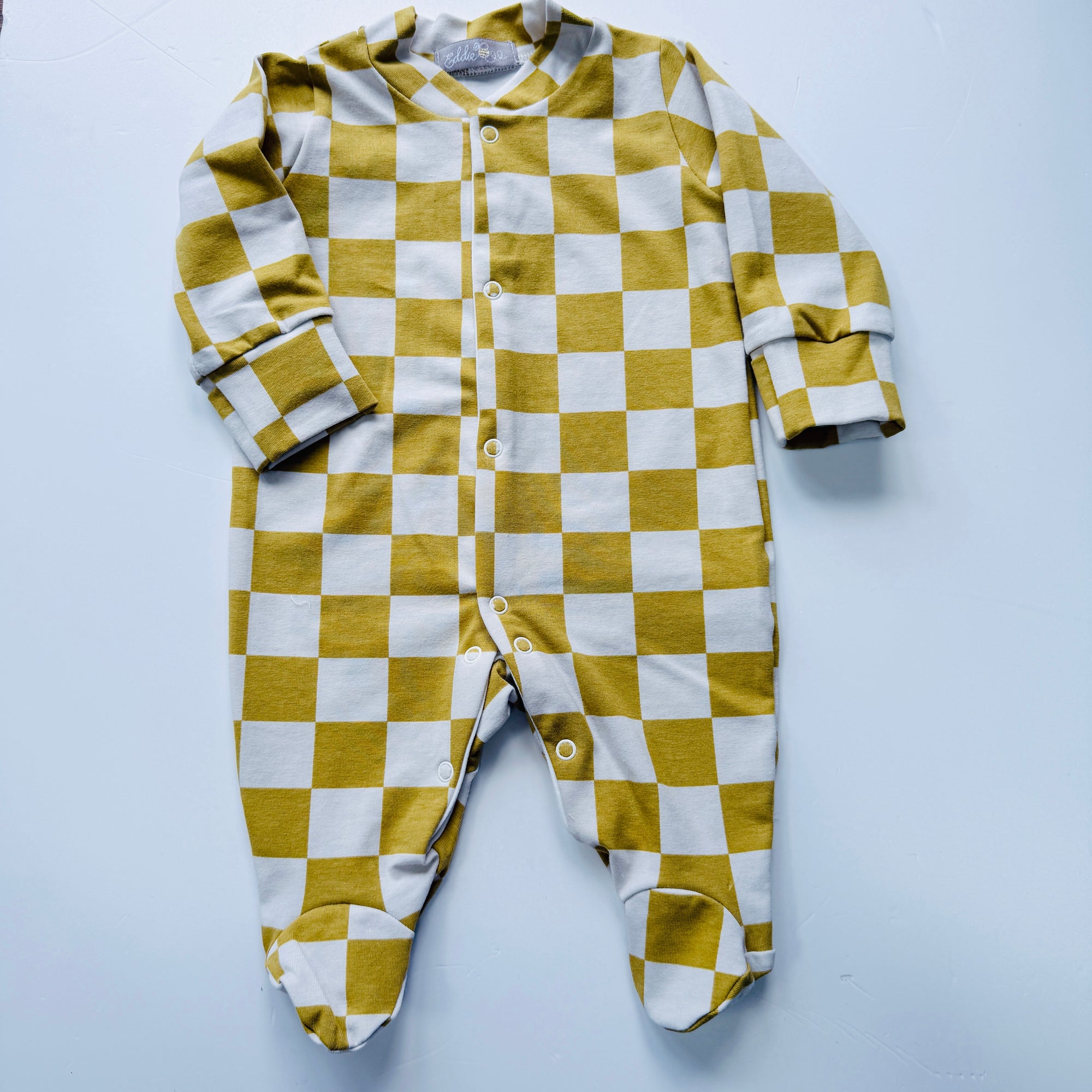 LIMITED EDITION Eddie & Bee organic cotton Baby sleepsuit  in Mustard " Checkers " print.