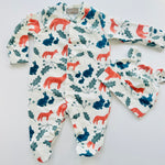 Eddie & Bee organic cotton Baby sleep suit  in Cream " Autumn Woodland " print.