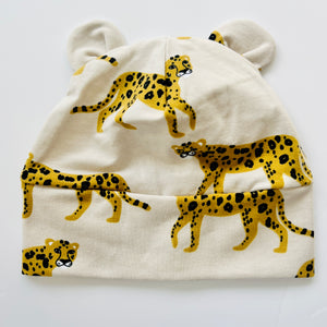 Eddie & Bee organic cotton Baby hat with ears  in Oat "Cheetah" print.