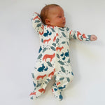 Eddie & Bee organic cotton Baby sleep suit  in Cream " Autumn Woodland " print.