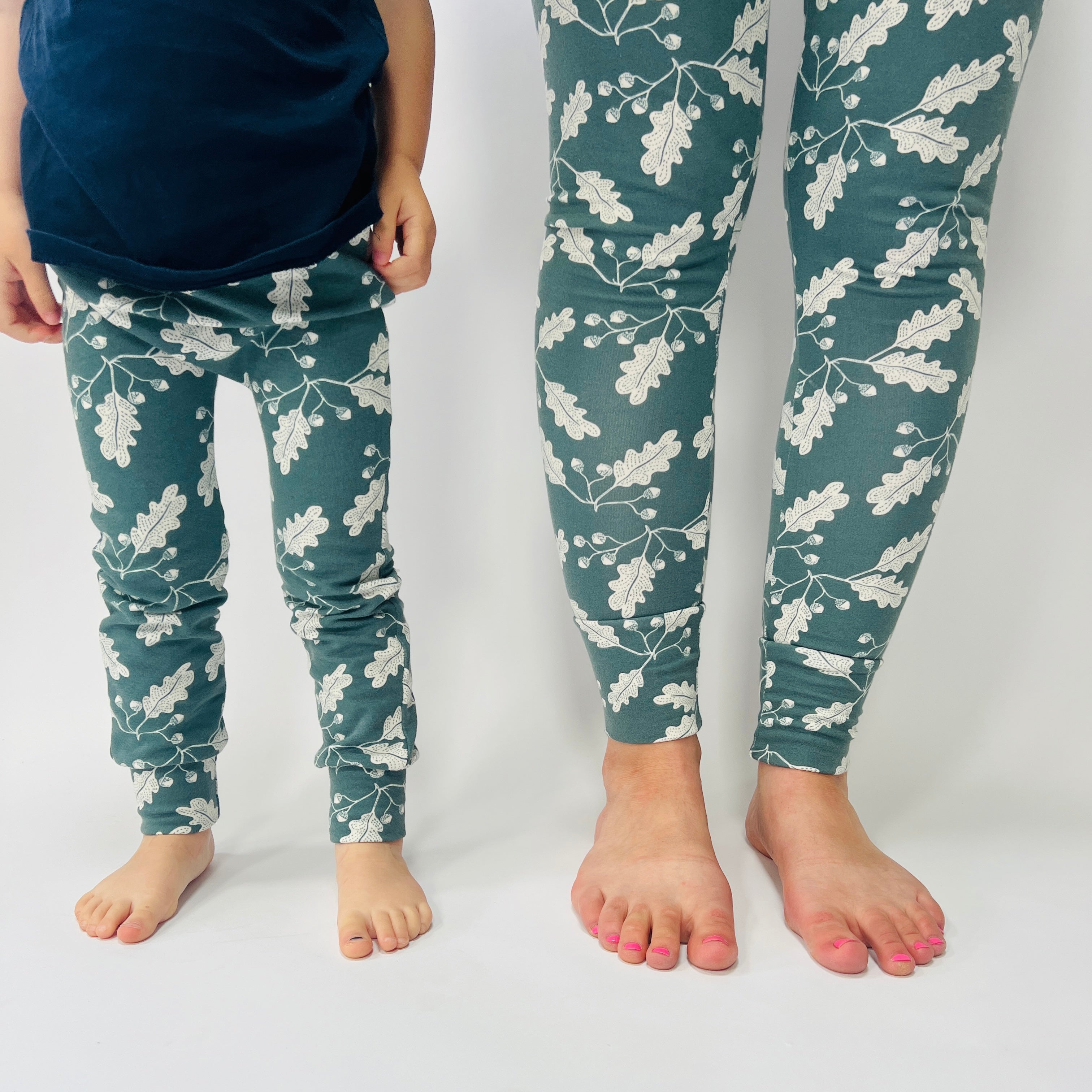Pine  'Acorn Leaves ' Adult Organic cotton leggings (Thicker weight fabric)