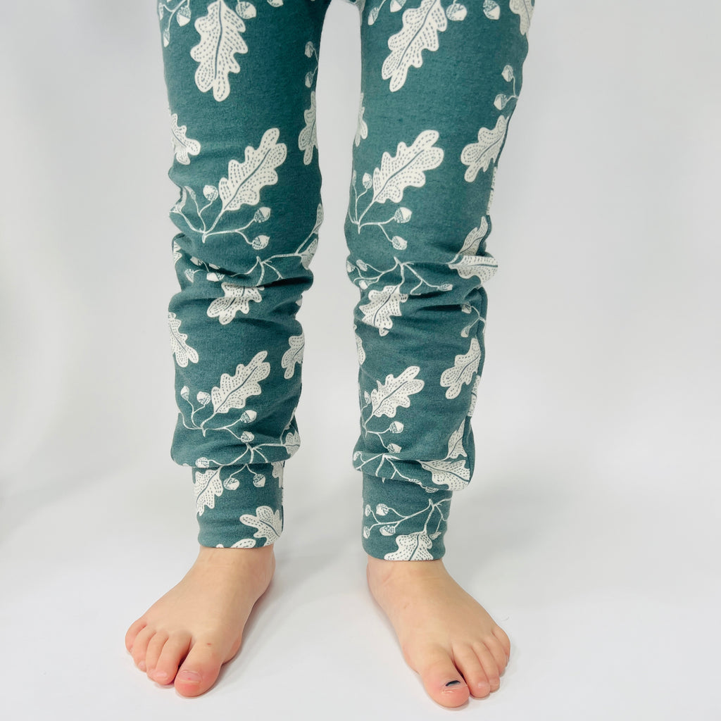 Eddie & Bee organic cotton leggings in Pine "Acorn Leaves" print. (Thicker Jersey Fabric)