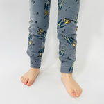 Eddie & Bee organic cotton leggings in Charcoal "Space Rockets" print. (Thicker weight fabric)