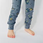 Eddie & Bee organic cotton leggings in Charcoal "Space Rockets" print. (Thicker weight fabric)