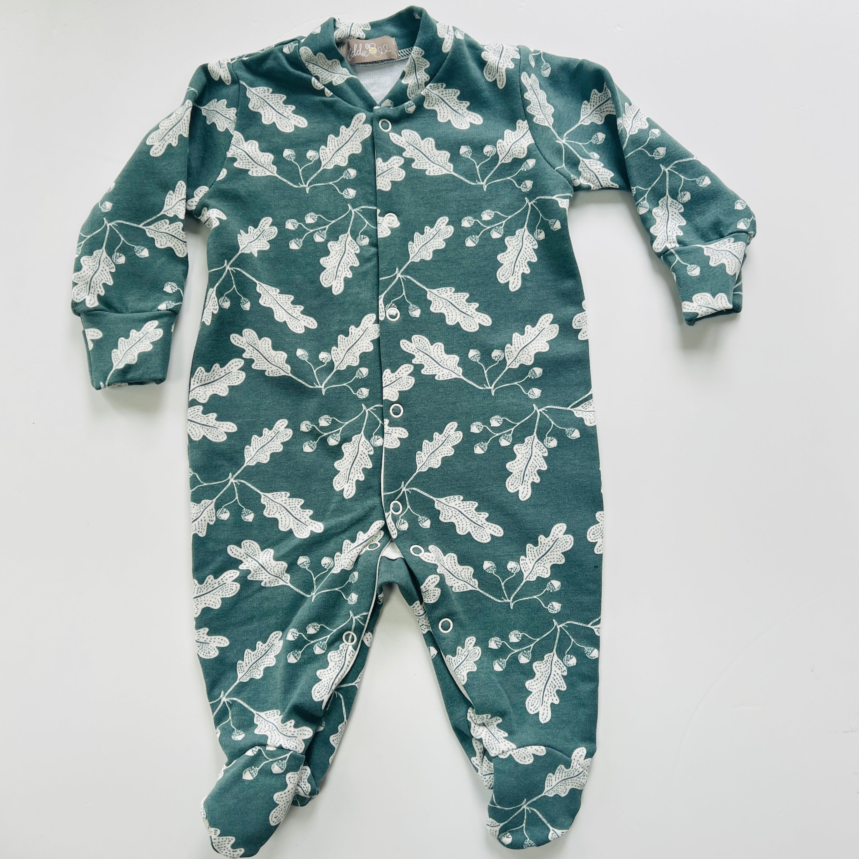 LIMITED EDITION Eddie & Bee organic cotton Baby sleep suit  in Pine " Acorn Leaves " print.