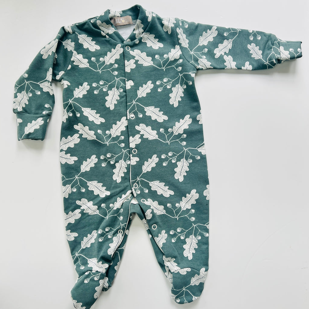 LIMITED EDITION Eddie & Bee organic cotton Baby sleep suit  in Pine " Acorn Leaves " print.