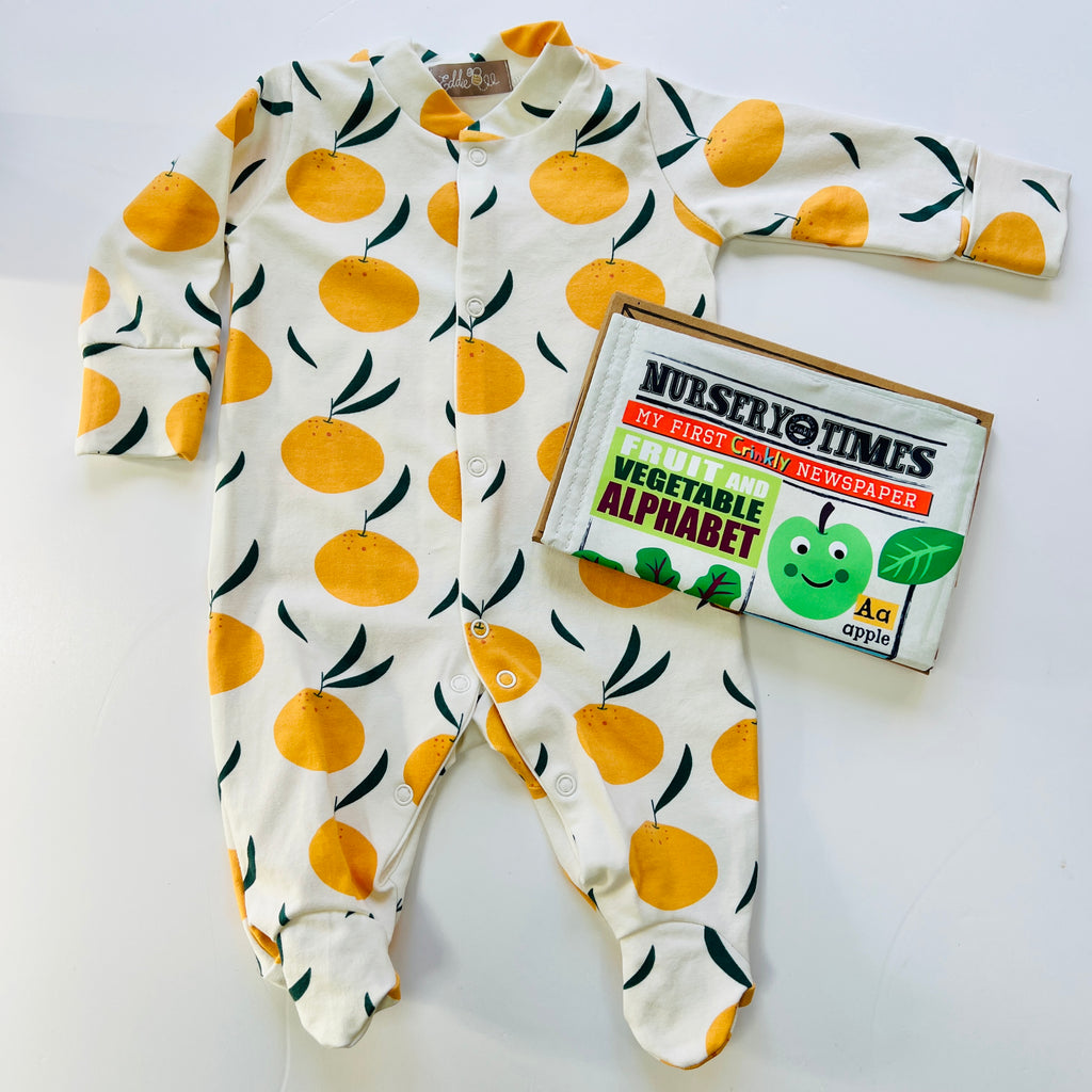 Clementine Sleep suit and Fruit Crinkly Newspaper Gift Set