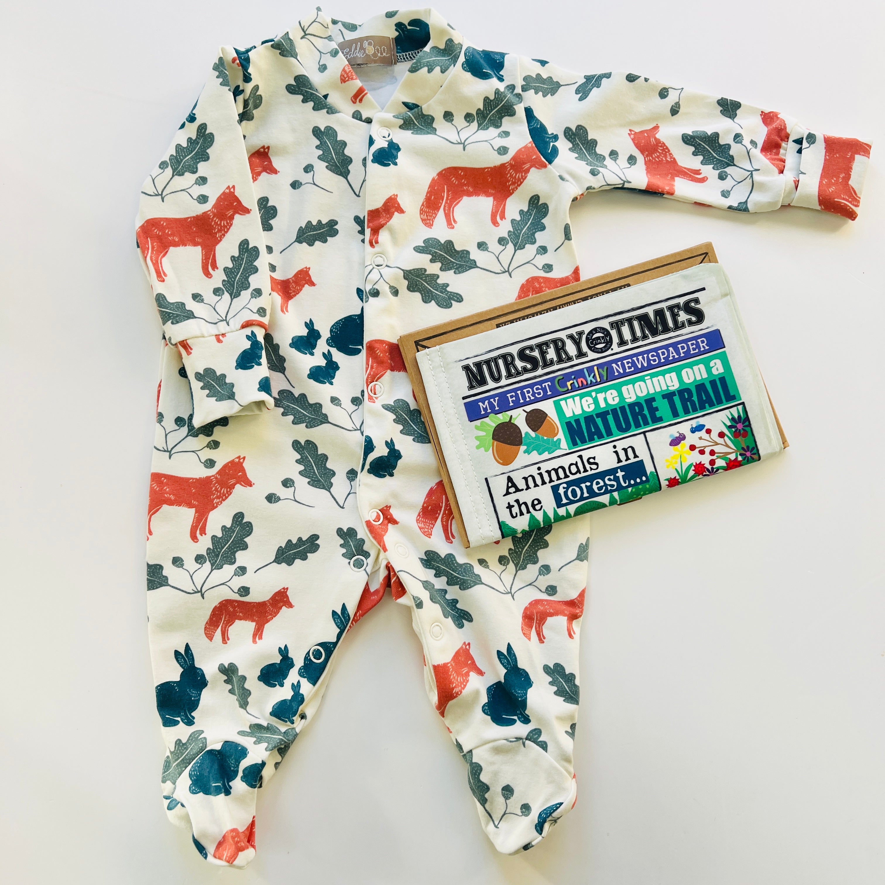 Autumn woodland Sleep suit and Nature Trail Crinkly Newspaper Gift Set