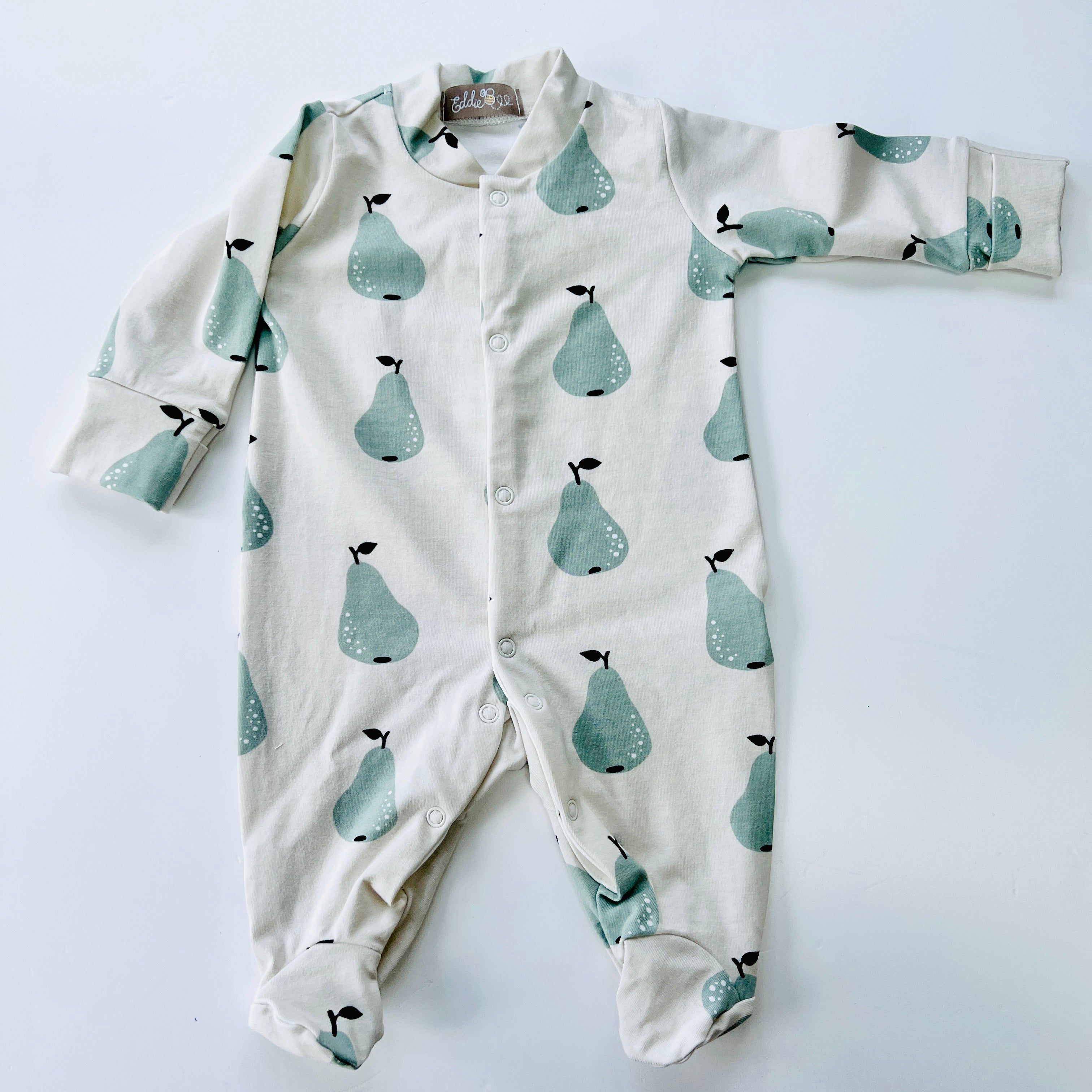 Eddie & Bee organic cotton Baby sleepsuit  in Oat" Pear" print.