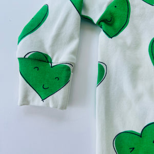 Eddie & Bee organic cotton Baby sleepsuit  in Green " Happy Hearts " print.