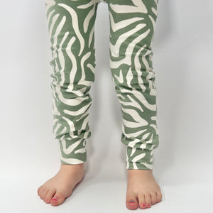 Eddie & Bee organic cotton leggings in Sage  "Tiger Stripes" print.