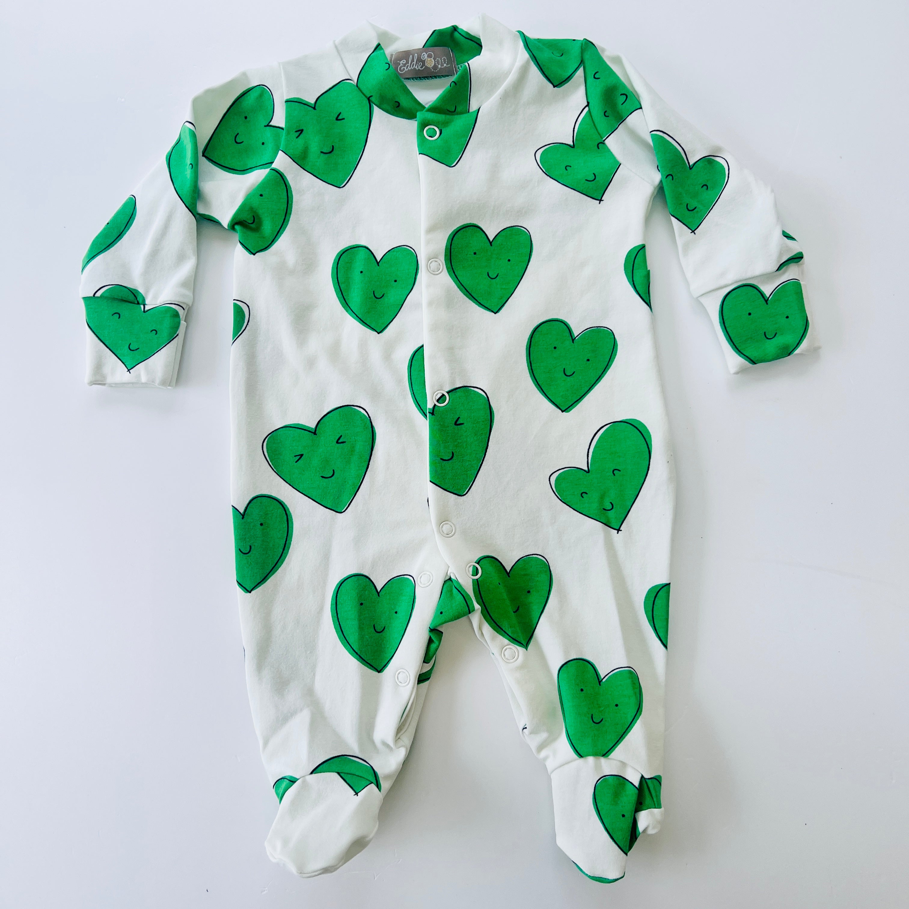 Eddie & Bee organic cotton Baby sleepsuit  in Green " Happy Hearts " print.