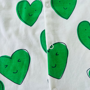 Eddie & Bee organic cotton Baby sleepsuit  in Green " Happy Hearts " print.