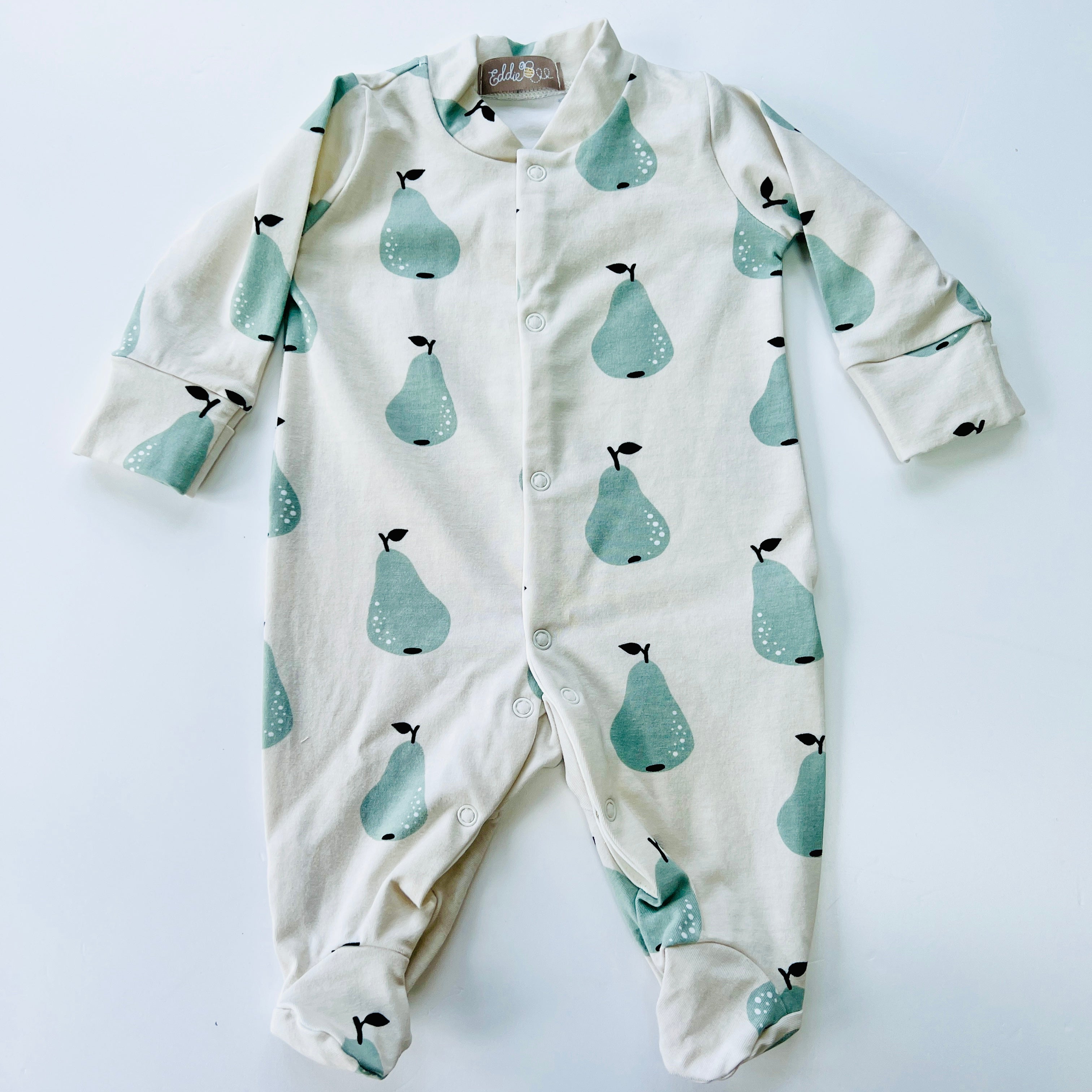 Eddie & Bee organic cotton Baby sleepsuit  in Oat" Pear" print.