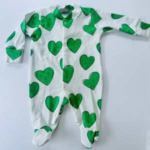 Eddie & Bee organic cotton Baby sleepsuit  in Green " Happy Hearts " print.