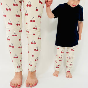 Eddie & Bee organic cotton leggings oat "Cherries" print.