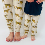 Eddie & Bee organic cotton leggings in oat "Cheetah" print.