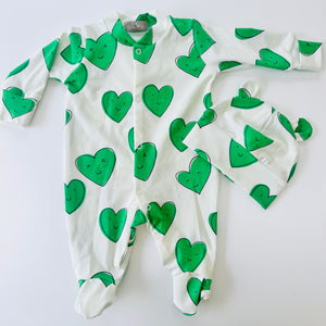 Eddie & Bee organic cotton Baby sleepsuit  in Green " Happy Hearts " print.