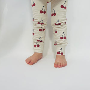 Eddie & Bee organic cotton leggings oat "Cherries" print.