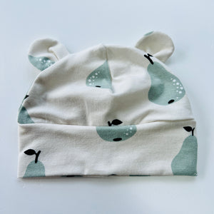 Eddie & Bee organic cotton Baby hat with ears  in Oat "Pear" print.