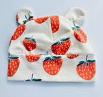 Eddie & Bee organic cotton Baby hat with ears  in Cream " Strawberry" print.