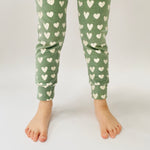 Eddie & Bee organic cotton leggings in Sage "Little hearts" print.