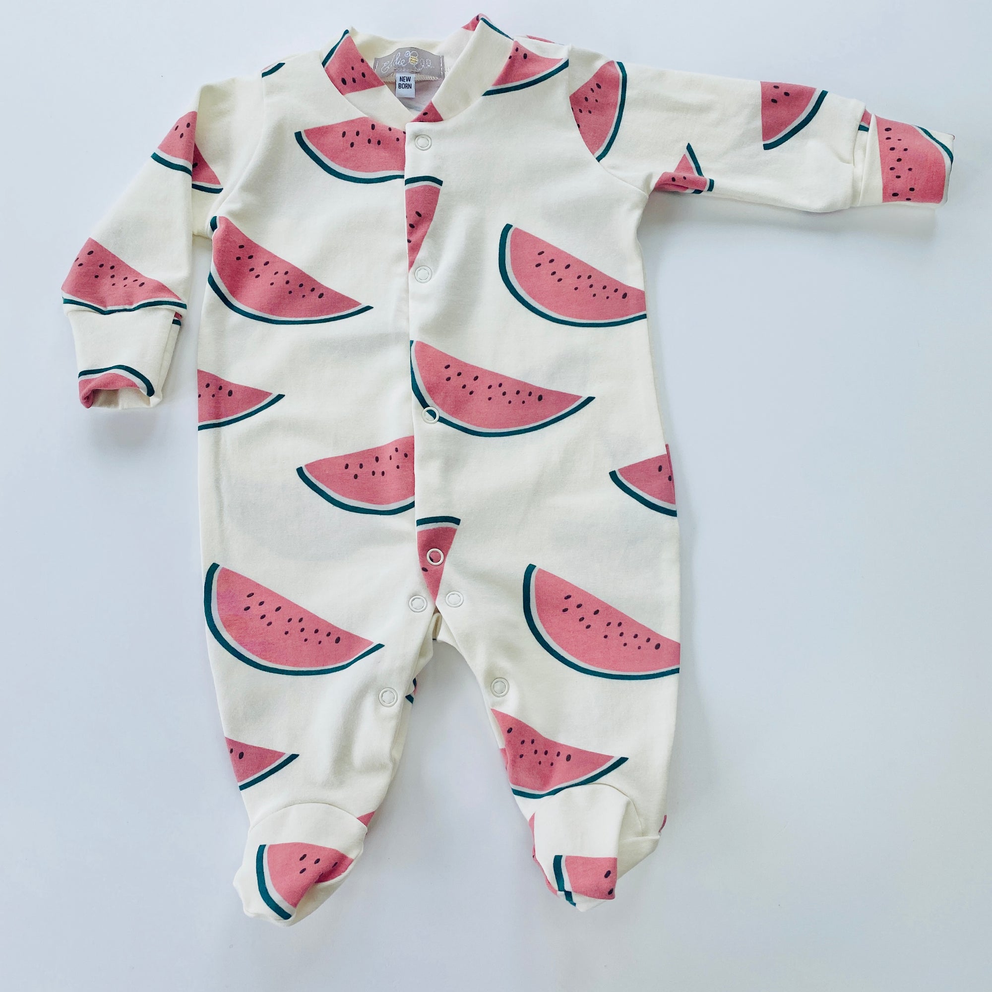 PREORDER FOR DISPATCH BEGINNING MARCH                 Eddie & Bee organic cotton sleepsuit Cream "Watermelon " print.