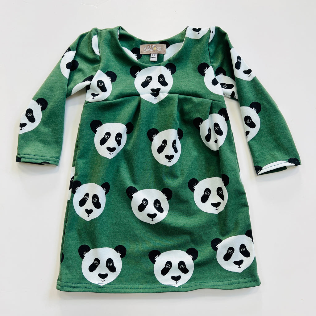 Eddie & Bee organic cotton long sleeved dress in Green “Panda” print