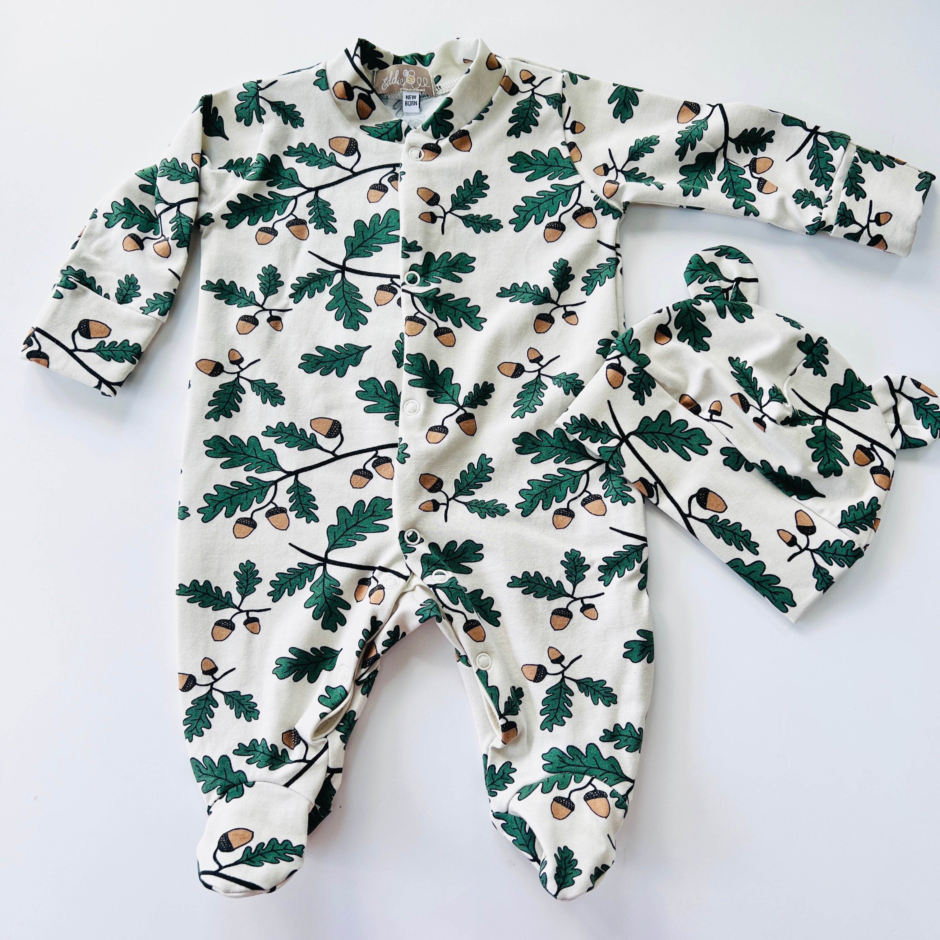 Eddie & Bee organic cotton Baby sleep suit  in Oat " Little acorn " print.